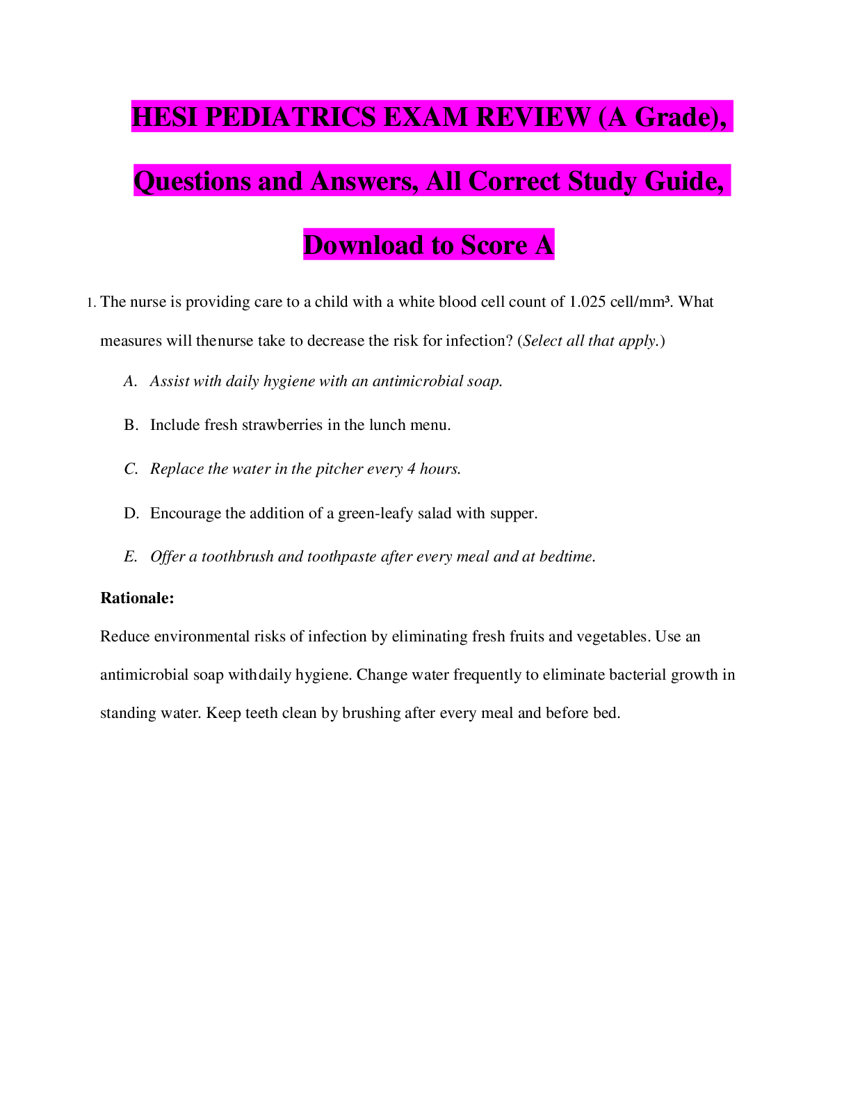 Preview image for HESI PEDIATRICS EXAM REVIEW (A Grade), Questions and Answers, All Correct Study Guide, Download to Score A